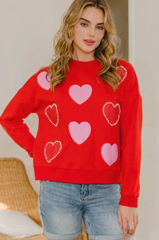 Women Wear Brands Heart Pattern With Pearl Embellished Sweatshirts