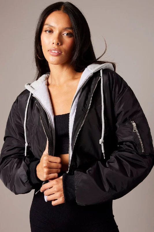 Affordable Fashion for Women Black Hoodie Bomber Jacket