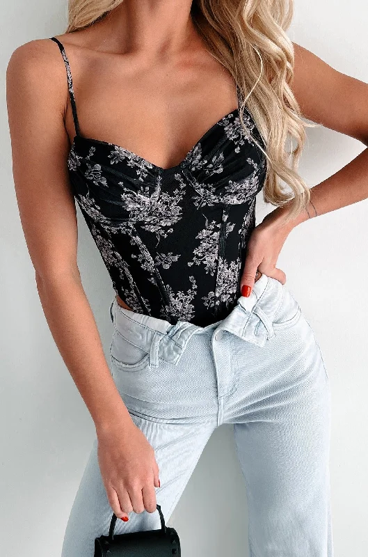 Women's Resort Garments Friday Feels Floral Mesh Corset Top (Black)