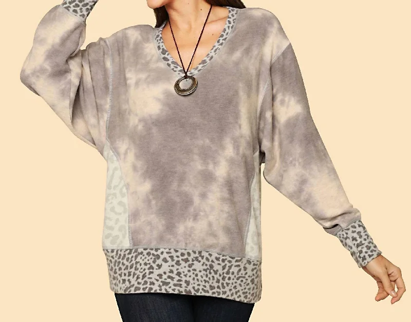 Trendy Women's Apparel Tie Dye & Cheetah Print Tunic In Grey