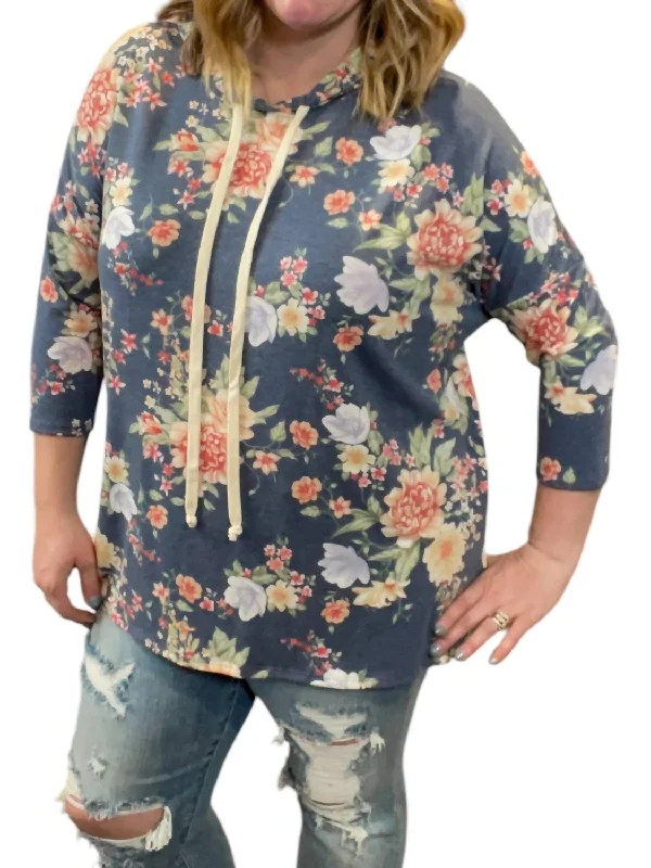 Charming Women's Garments Floral 3/4 Sleeve Hoodie In Navy