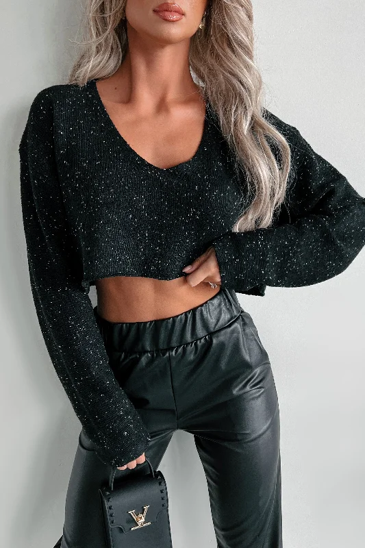 Women's Clothing for Every Season and Trend Last To Leave Speckle Knit Crop Sweater (Black)