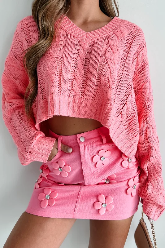 Women's Apparel All About The Cuteness Cable Knit Crop Sweater (Pink)