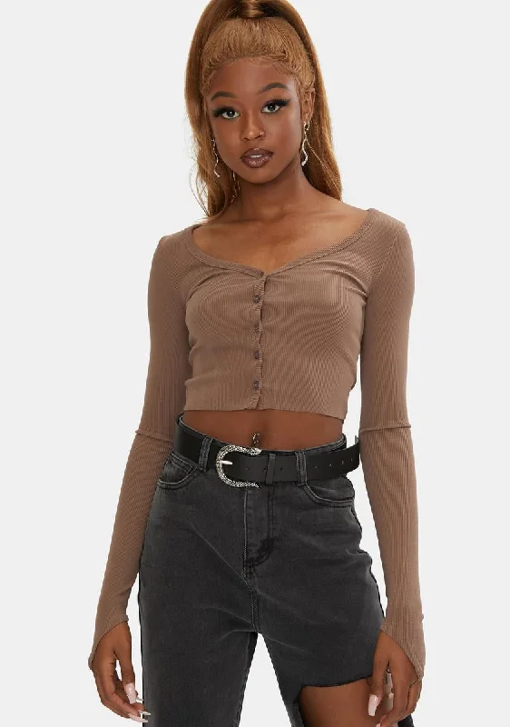 Modern Women's Apparel Brown Basik Button Crop Top