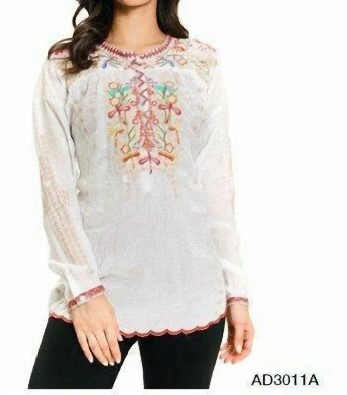 Plus Size Women's Fashion Multi Colored Dragonfly Embroidery Tunic In White