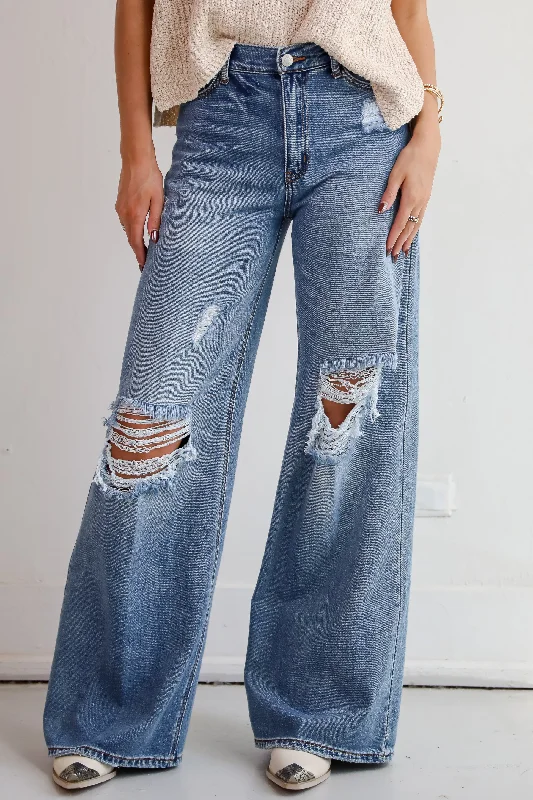 Clothes Of Woman Lennon Medium Wash Distressed Wide Leg Jeans