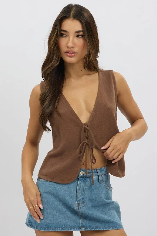 Fashion-forward Women's Clothing Brown Abstract Tie Up Top Linen