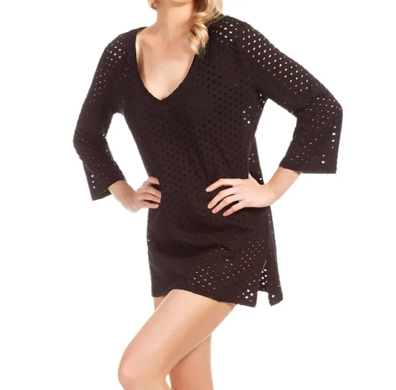 Rocker Chic Fashion Jacquard 3/4 Sleeve Tunic In Eco Black