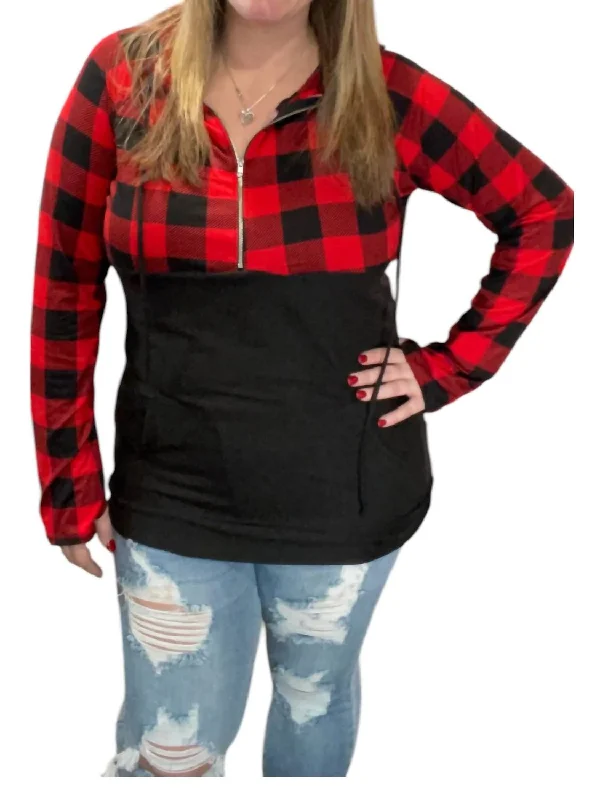 Plus-Size Women's Garments Buffalo Half Zip Hoodie In Black/red