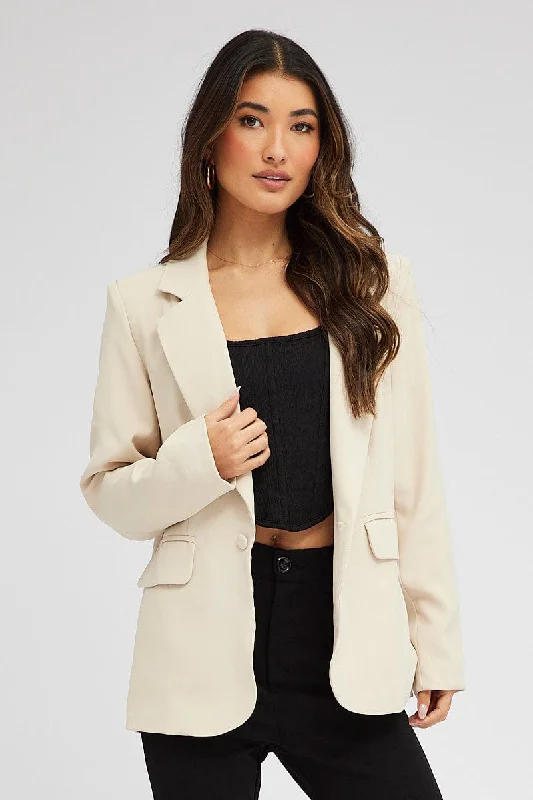 Elegant Women's Clothing Online Beige Jacket Long Sleeve Collar Neck