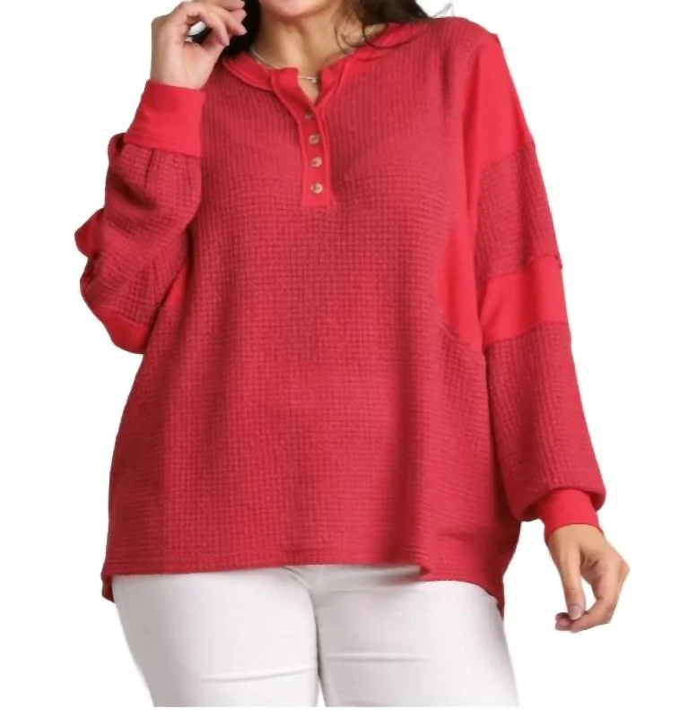 Trendy Women's Dresses Online Henley Waffle Knit Tunic Top In Red