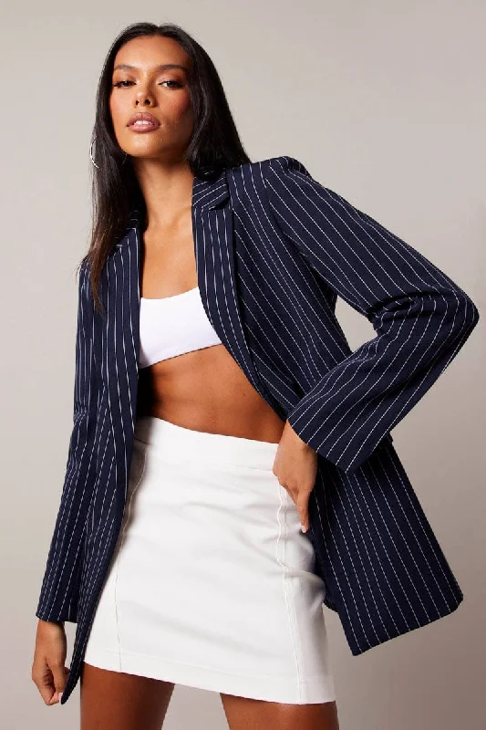 Trendy Women's Fashion Blue Stripe Blazer