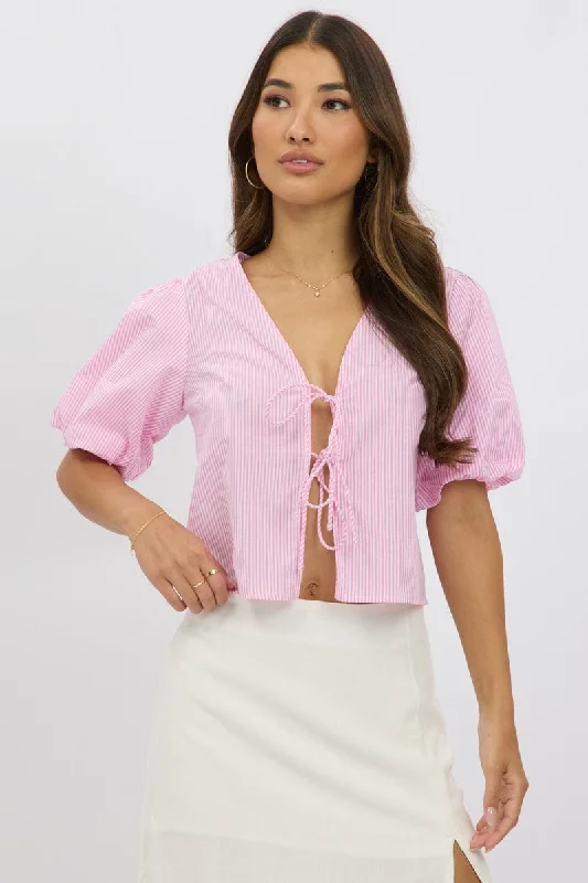 Elegant Women's Attire Pink Stripe Front Tie Top Puff Short Sleeve