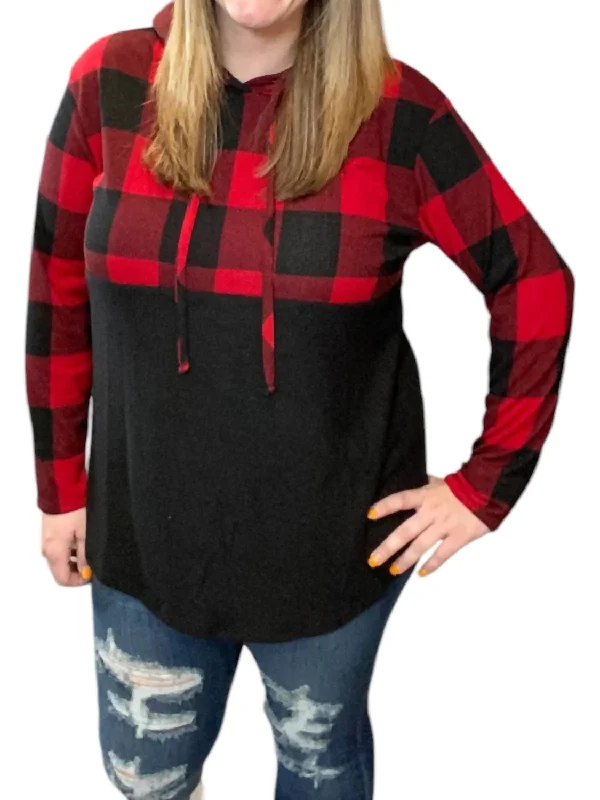 Vibrant Femme Fashion Buffalo Plaid Hoodie In Red/black