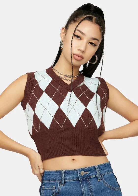 Women's Vacation Outfit Mocha Would You Rather Cropped Argyle Vest