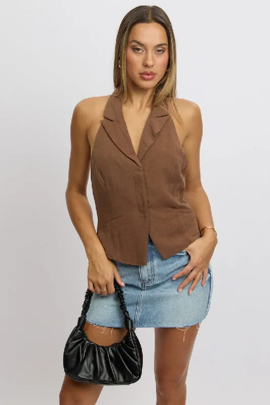 Stylish Women's Outfit Brown Vest Top V Neck Halter Neck Open Back