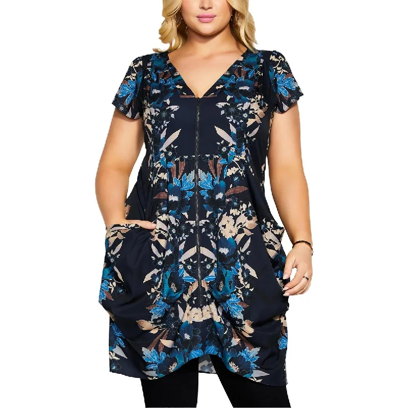 Women's Plus-Size Casual Outfit Plus Womens Floral Print Pleated Tunic Top