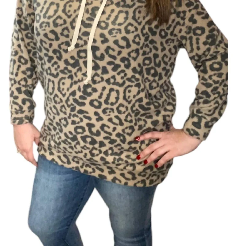 Relaxed Style Leopard Fleece Hoodie In Brown