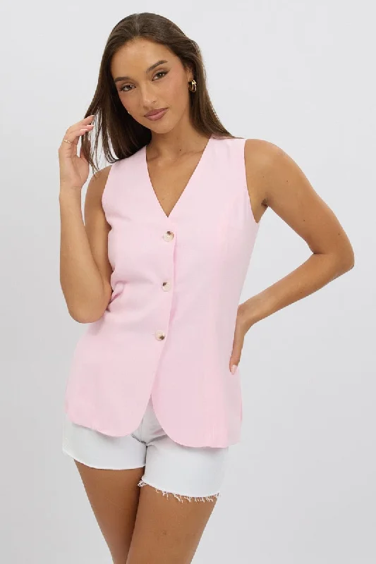 Women's Professional Outfit Pink Linen Vest Longline V Neck