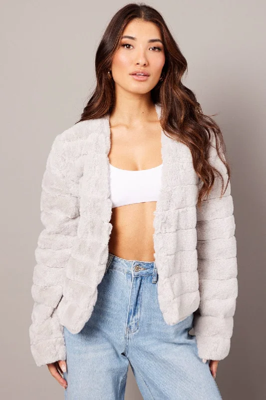 Comfortable Casual Wear Grey Faux Fur Crop Jacket