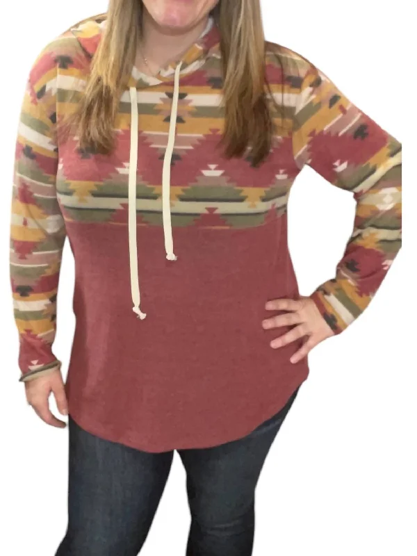 Relaxed Style Aztec Hoodie In Burgundy