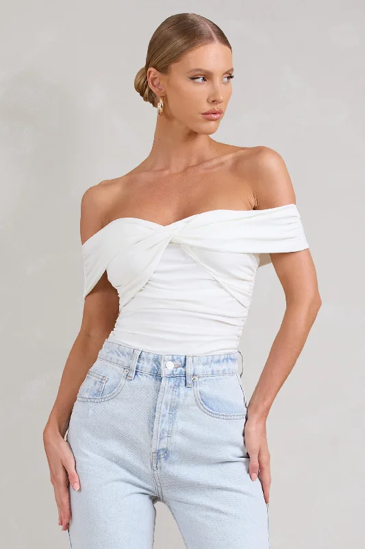 Boho Chic Fashion Ronnie | White Off The Shoulder Ruched Bodysuit