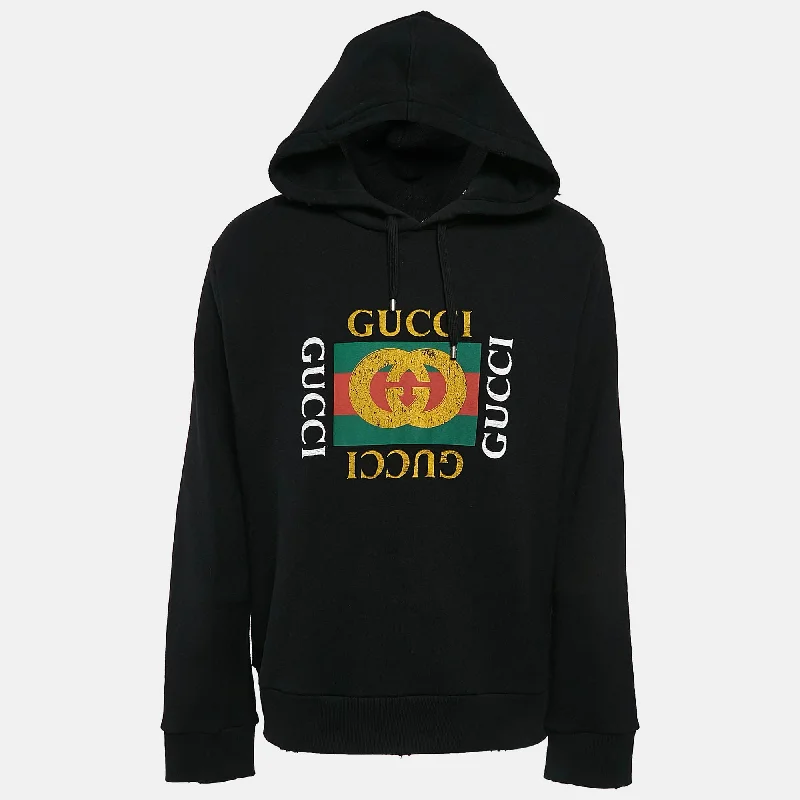 Women's Activewear Apparel Gucci Black Vintage Print Cotton Knit Distressed Hoodie