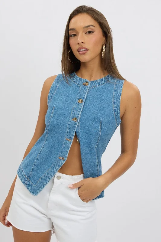 Comfortable Women's Attire Denim High Neck Vest