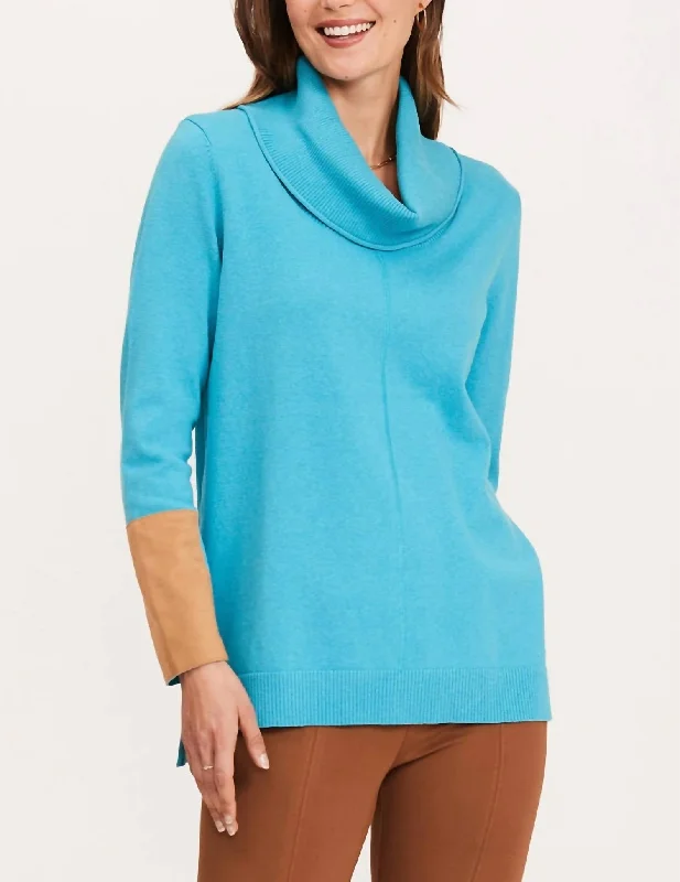 Women's Holiday Attire Cotton Cashmere Cowl Neck Tunic In Turquoise