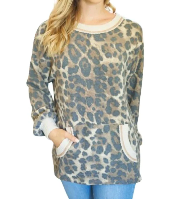 Women's Vacation Outfit Set Leopard & Waffle Trim Tunic In Multi