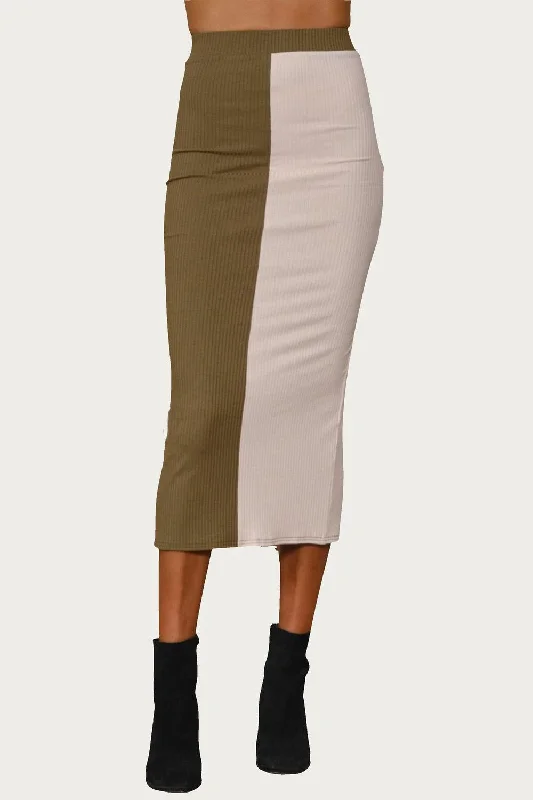 Holiday Special Offers Colorblocked Ribbed-Knit Midi Skirt In Olive Ecru