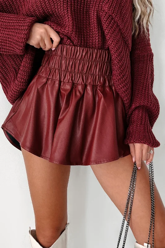 Women's High-Fashion Apparel Flirty Allure Smocked Waist Faux Leather Skort (Wine)