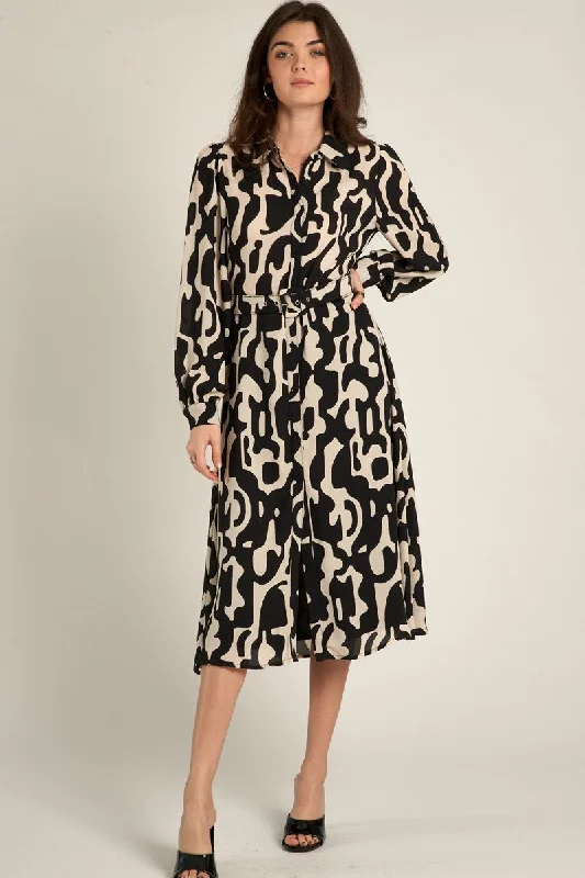 Unique Women's Fashion Pieces ABSTRACT PRINT BELTED SHIRT DRESS