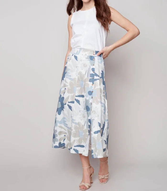 Casual and Comfortable Outfits Printed Linen Long Skirt In Basil