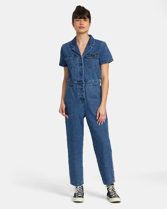 Women's Elegant Evening Attire Dayshift Denim Jumpsuit - Blue Rinse