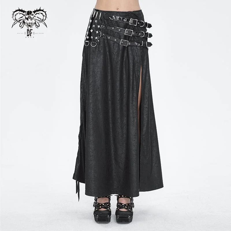 Women's Professional Apparel Women's Gothic Buckle Stud Side Slit Long Skirt