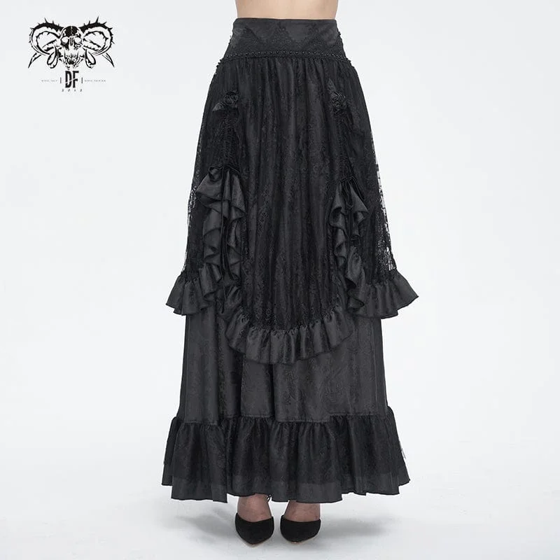 Clothing Sale Women's Gothic Drawstring Ruffled Lace Skirt