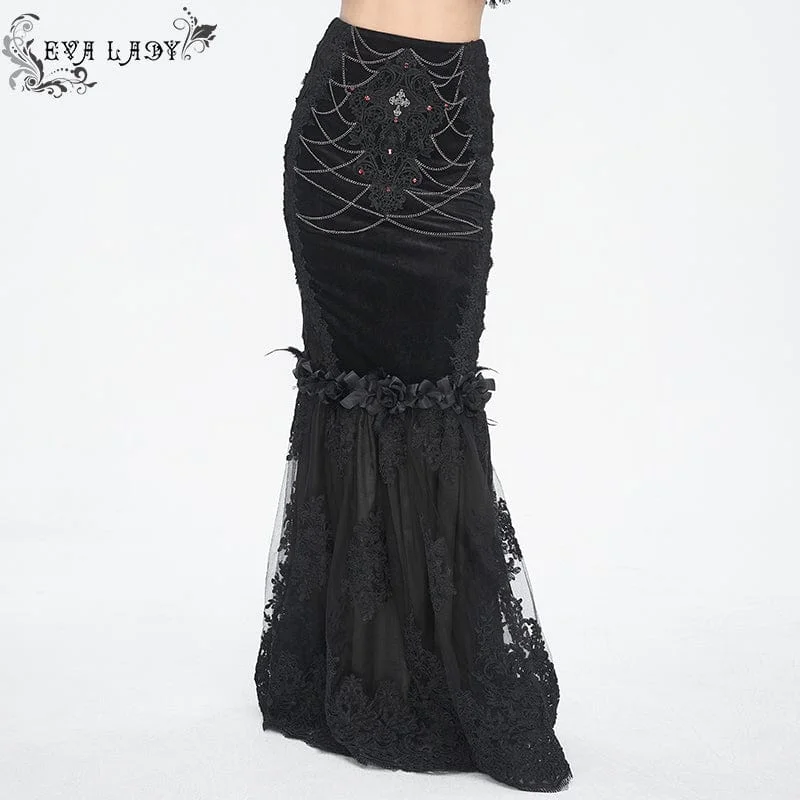 Women's Luxury Garments Women's Gothic Floral Embroidered Lace Splice Black Fishtail Skirt