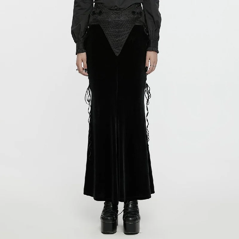 Women Online Clothing Boutiques Women's Gothic Rose Embroidered Lace-up Fishtailed Velvet Skirt Black