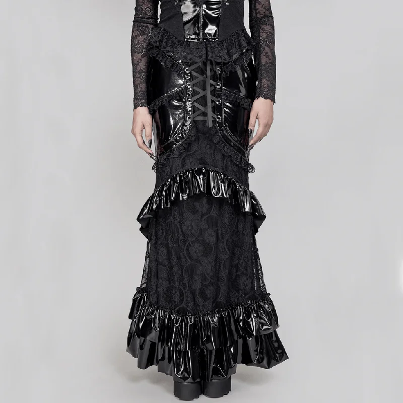 Women's Effortless Casual Outfit Women's Gothic Ruffled Lace Splice Patent Leather Fishtail Skirt