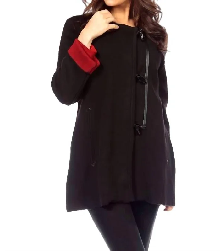 Clothing For Women Asymmetrical Toggle Jacket In Black/red