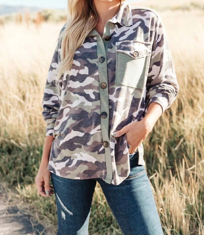 Women's Evening Attire Cabin Hideaway Shacket In Camo