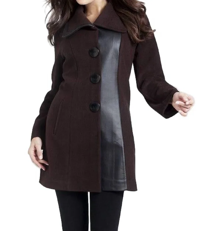 Women's Clothing Online Sale Faux Leather Accent Car Coat In Brown/black