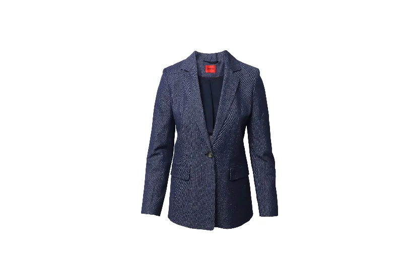 Women's Elegant Apparel Hugo Denim Single-Breasted Jacket Blazer in Navy Blue Cotton Denim