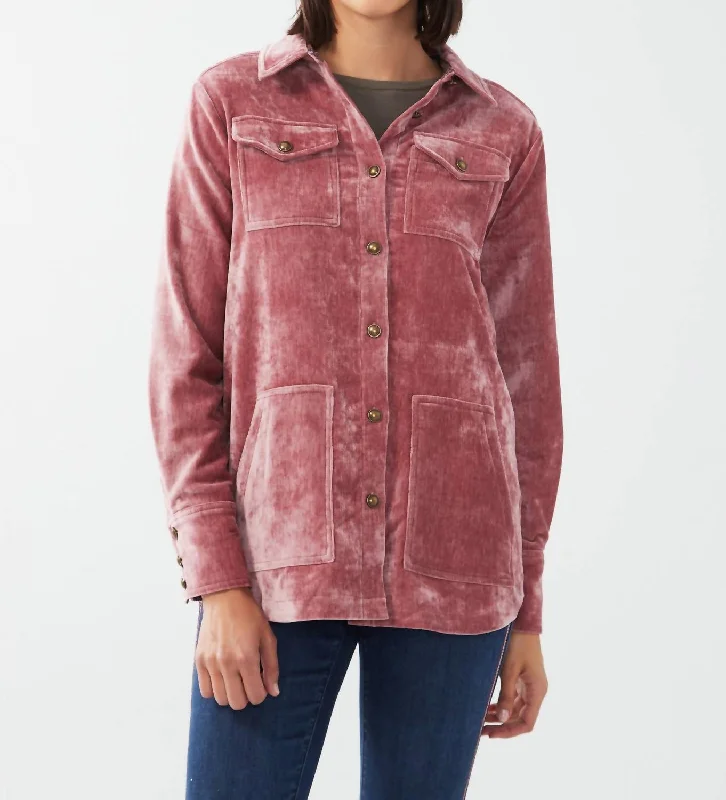 Chic Women's Outfit Ideas Long Sleeve Velvet Shacket In Rosewood