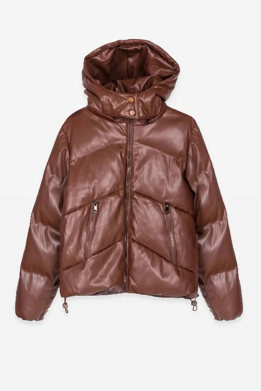 Women's Trendy Attire Maggiano Leather Puffer Jacket In Coffee