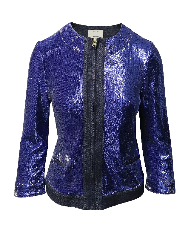 Comfortable Outfit For Women Pinko Tag Sequin Embellished Jacket in Blue Denim