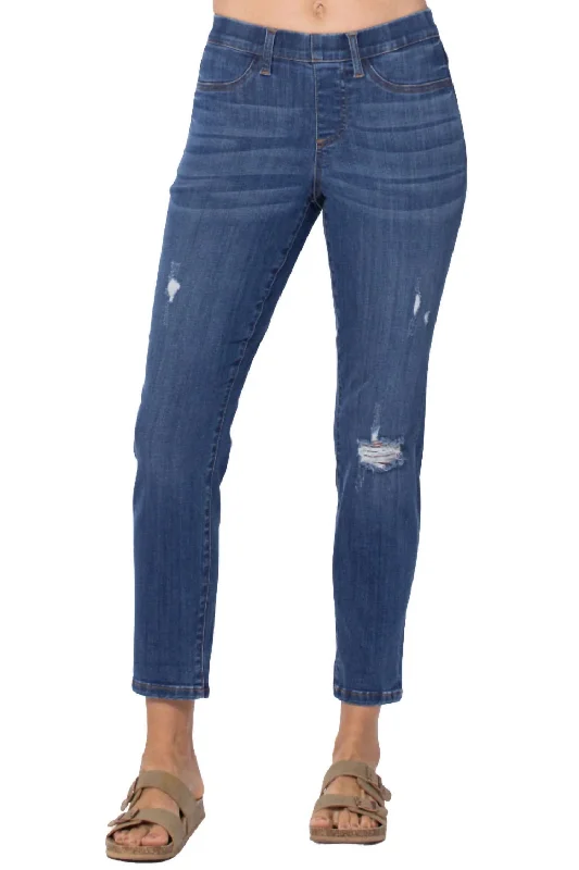 Women's Vacation Outfit Set Pull-On Destroyed Boyfriend Jegging In Dark Blue