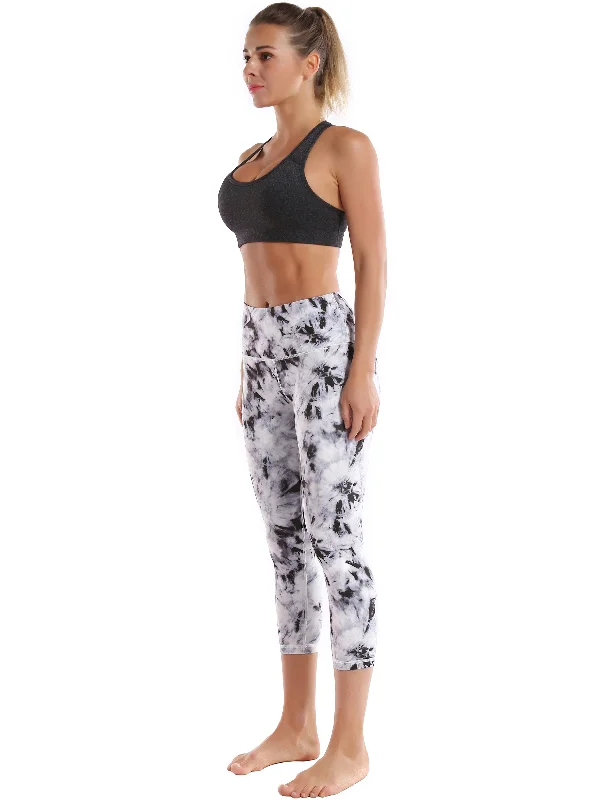 Women's Fashion Clothing 19" High Waist Printed Crop Tight Capris black dandelion