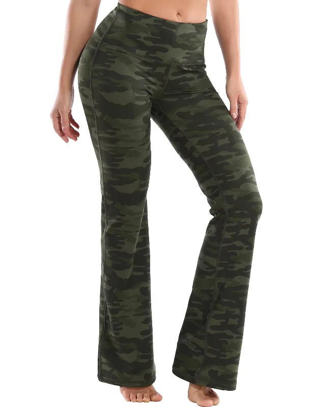 Relaxed Fashion 29" 31" 33" 35" 37" High Waist Printed Bootcut Leggings green camo